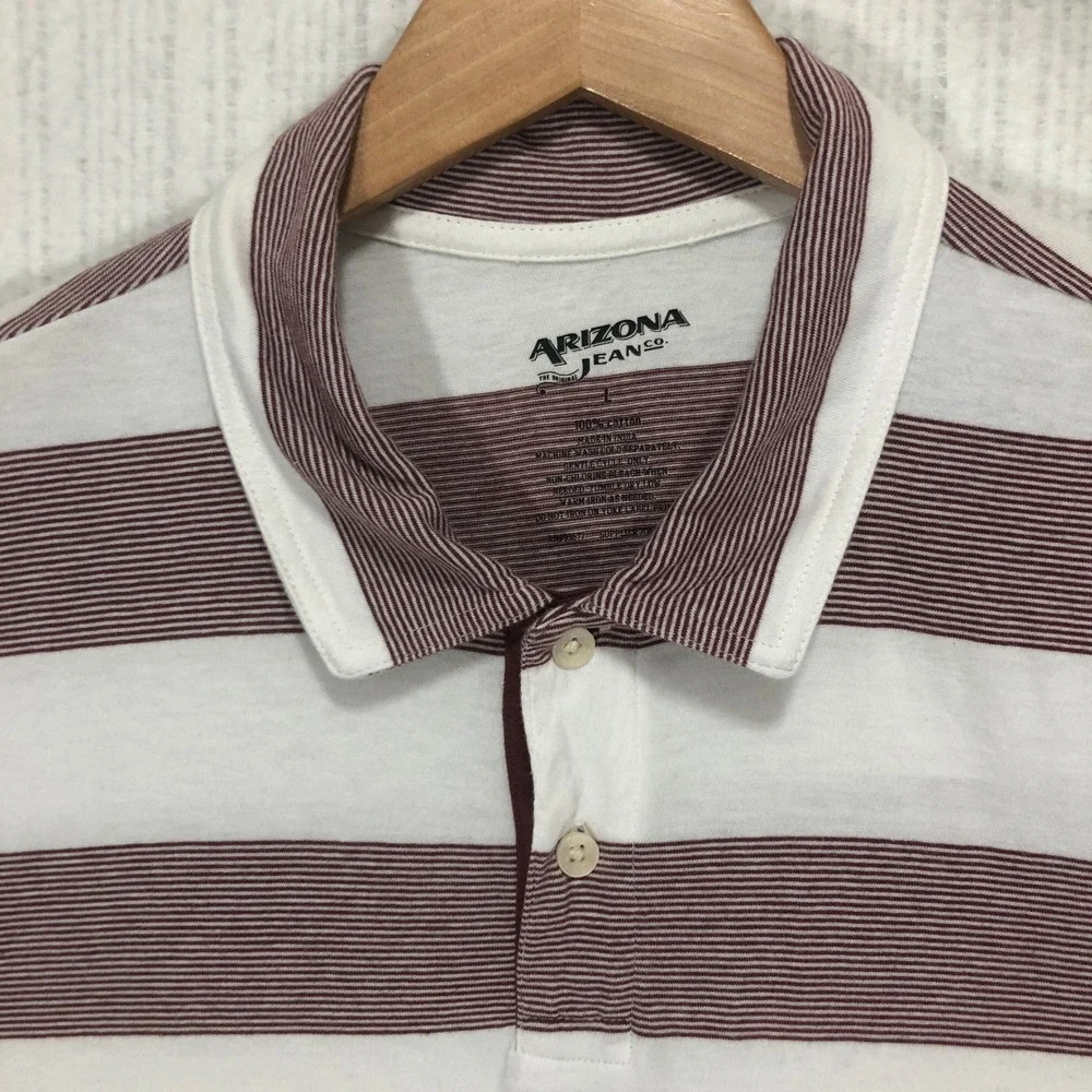 Arizona Jean Co Mens Large Polo Shirt Burgundy White Striped Short Sleeve Cotton